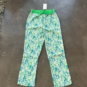 Fun lounge or errands pant. Pops of shades of green & blue bubbles print design.